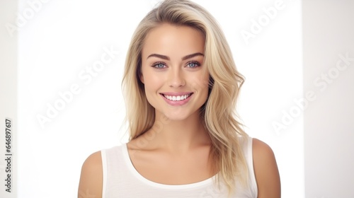 portrait of a beautiful smiling woman looking at the camera on white background