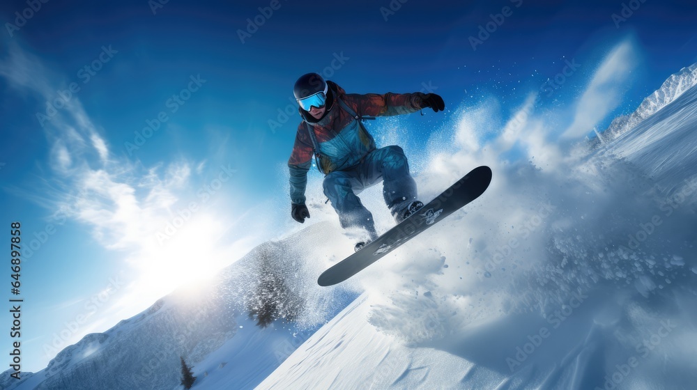 Snowboarder jumping with deep blue sky in background. Winter sport background