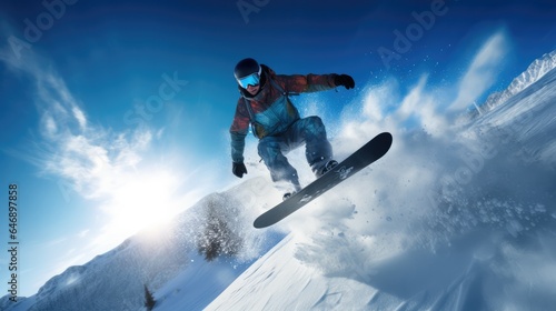 Snowboarder jumping with deep blue sky in background. Winter sport background