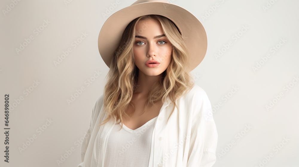 Effortless Chic: A beautiful young woman with a confident gaze exudes effortless style in a wide-brimmed hat and a classic white shirt. Effortless Chic: A beautiful young woman with a confident gaze exudes effortless style in a wide-brimmed hat and a classic white shirt.