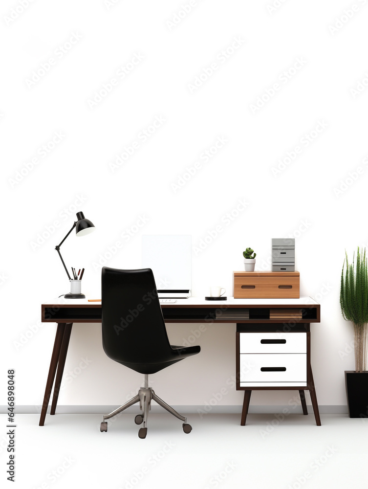 Fototapeta premium An office desk with a chair isolated on white background. Office equipment is arranged neatly on it. Minimalist style.