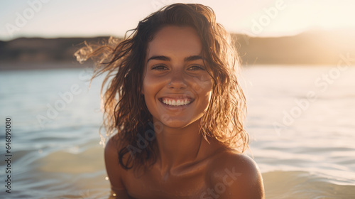 Young woman smiles happily while on vacation with the beach in the background