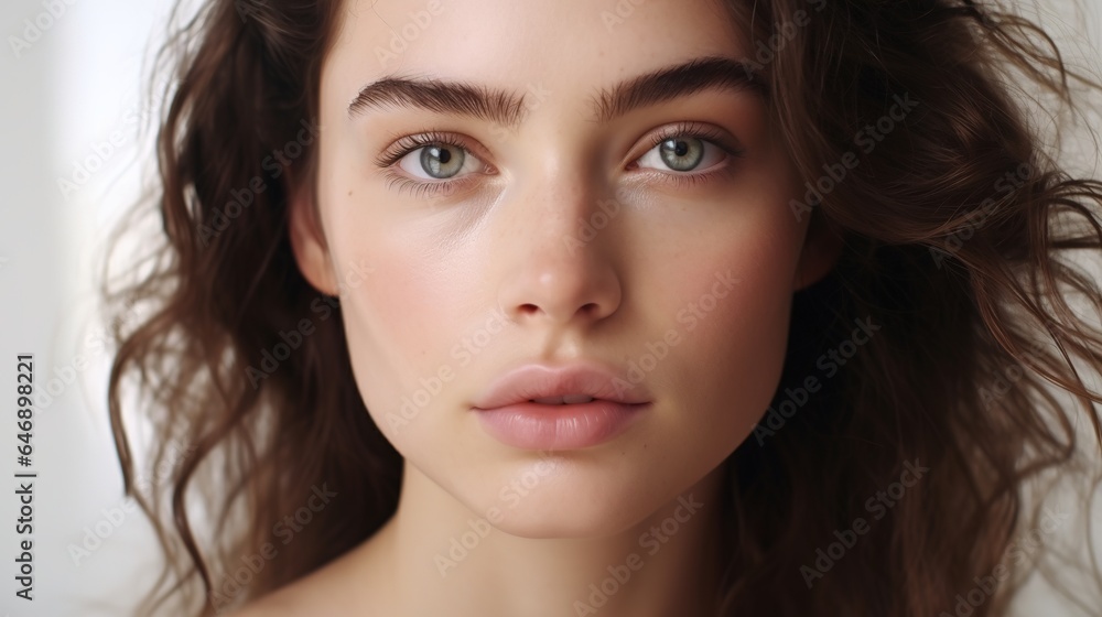 Beautiful spa model with flawlessly clean skin. Concept of youth and skin care. Background in beige Beautiful spa model with flawlessly clean skin. Concept of youth and skin care. Background in beige