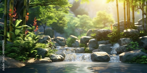 Colorful Bamboo Garden with Waterfall Landscape