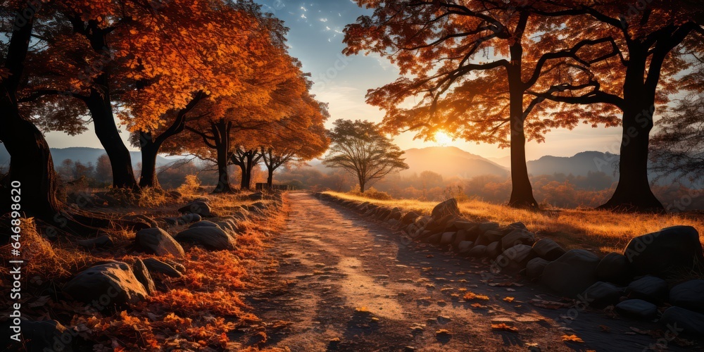 Vibrant Autumn Landscape with Yellow Trees and Sun