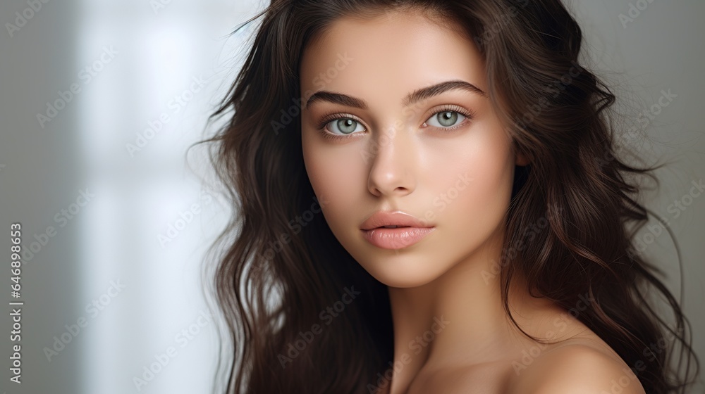 Beautiful face of young white woman with a clean skin. Skin care concept