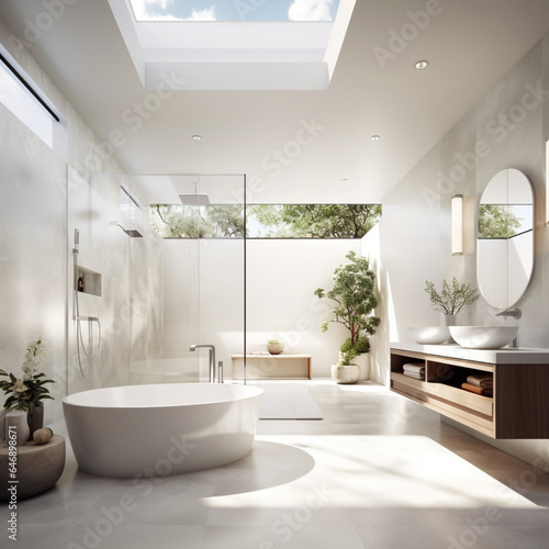 Fondo con detalle de baño con tonos blancos, mobiliario y accesorios de tonos claros y ventanales con entrada de luz natural © Iridium Creatives