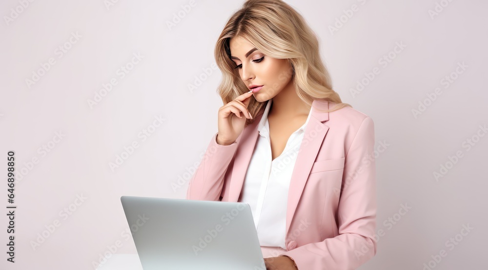 Beautiful Girl in Pink Suit Working on Laptop Beautiful Girl in Pink Suit Working on Laptop