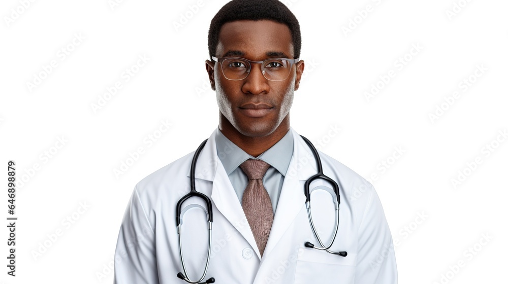 portrait of an african doctor with stethoscope on white background. generative ai