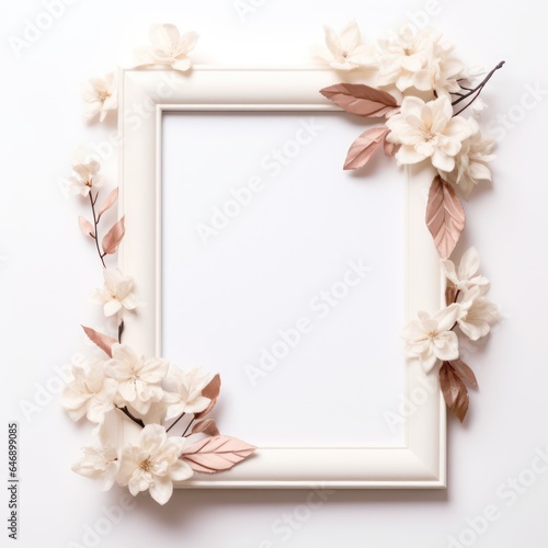 Beautiful Photo Frame with Flowers and Vines White Background