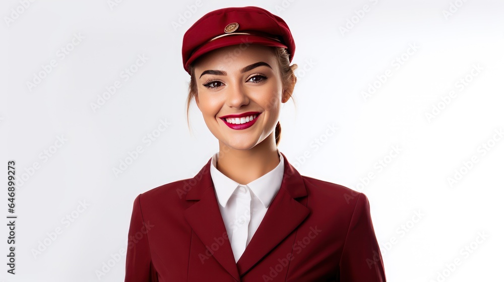 A Beautiful Female Model Dressed in red and white dress with red hat Smiling on a White Background A Beautiful Female Model Dressed in red and white dress with red hat Smiling on a White Background