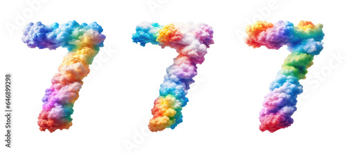 The number seven 7 made of colorful colors photo realistic clouds are rainbow colors. 
The background is transparent.