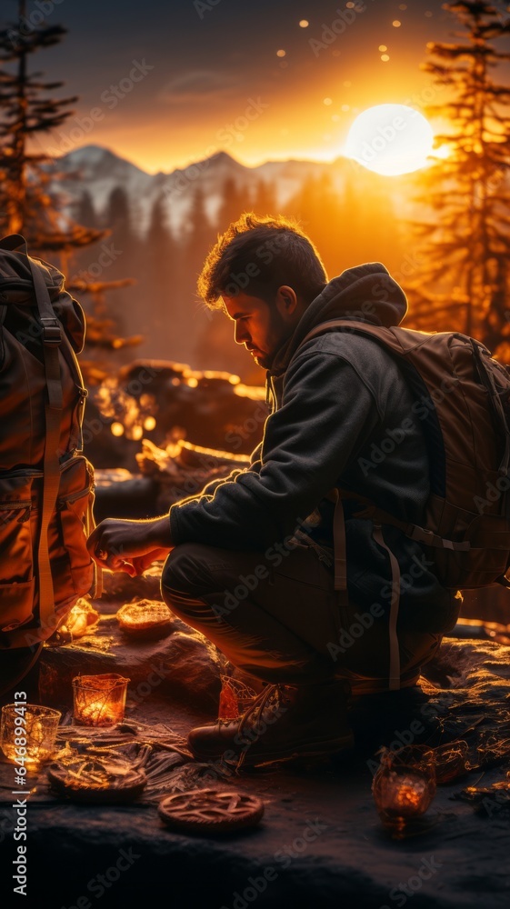 young man resting preparing everything for camping in the background an intense light that illuminates the entire space young man resting preparing everything for camping in the background an intense light that illuminates the entire space