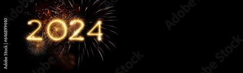 2024, Happy new year. Sparkling 2024 on black night sky and some fireworks for a happy celebration. 2024 in pyrotechnics. Luxury greetings.