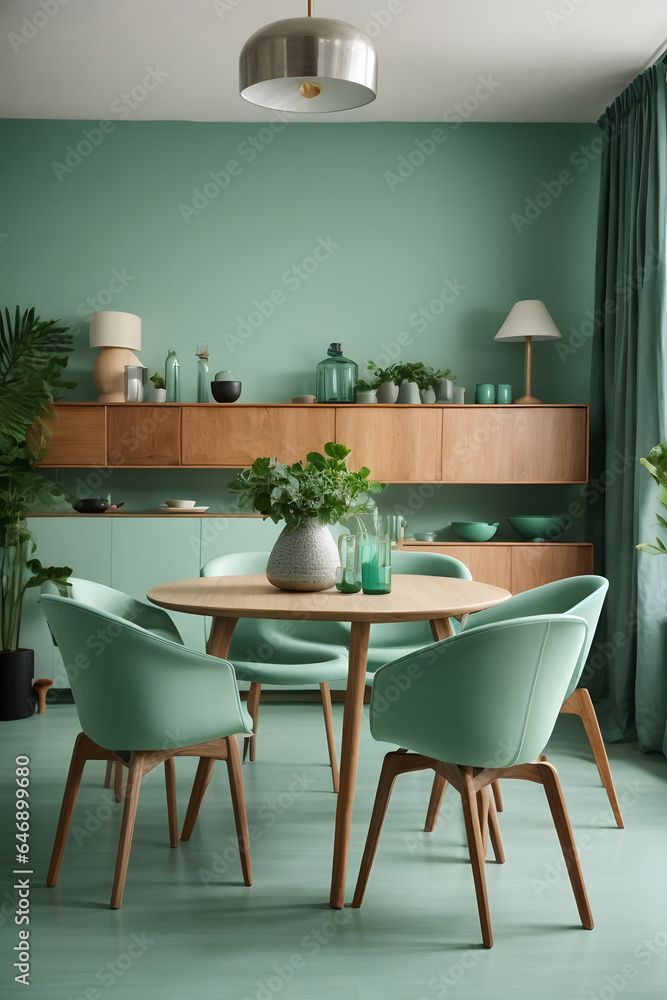 Fototapeta premium Mint color chairs at round wooden dining table in room with sofa and cabinet near green wall. Image created using artificial intelligence.
