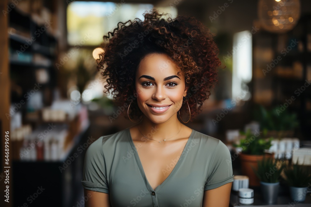 Black Small Business Owner Smiling at the Camera in Her Shop Lighting Bright Black Small Business Owner Smiling at the Camera in Her Shop Lighting Bright