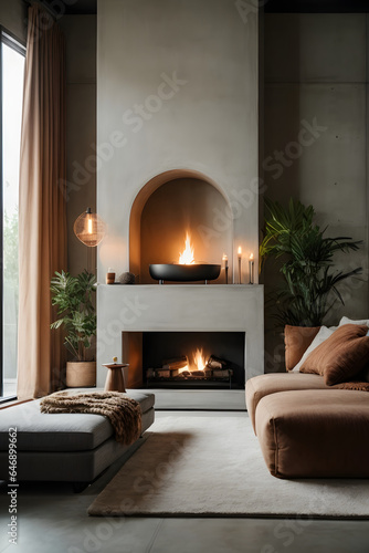 Minimalist style interior design of modern living room with fireplace and concrete walls. Image created using artificial intelligence.