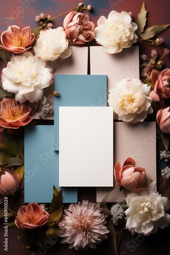 Blank White Card, Top View, on Pastel Pink and Blue Background with 3D Peonies