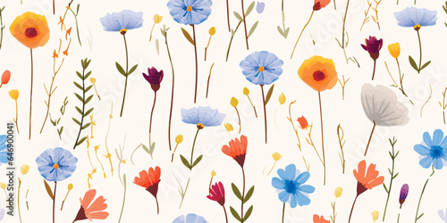 Floral seamless pattern with pressed flowers and leaves blue and delicate colors. Watercolor print in vintage herbarium style, illustration for textile, wallpaper or wrapping paper