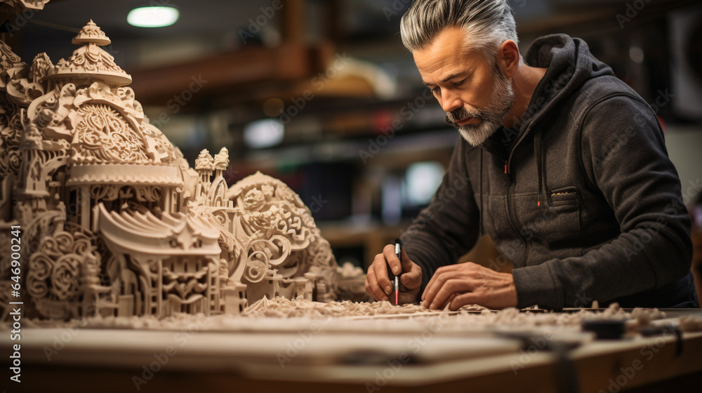 Sculpture artist crafting intricate art pieces in workshop Sculpture artist crafting intricate art pieces in workshop