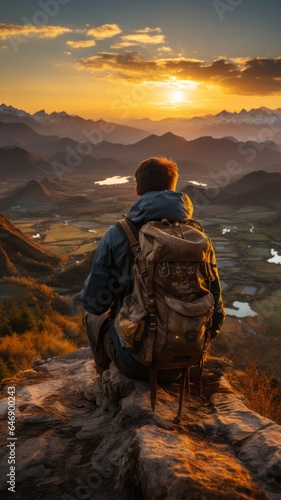 man with his camping backpack, in the mountain with the sunset in the background, preparing everything to spend the night