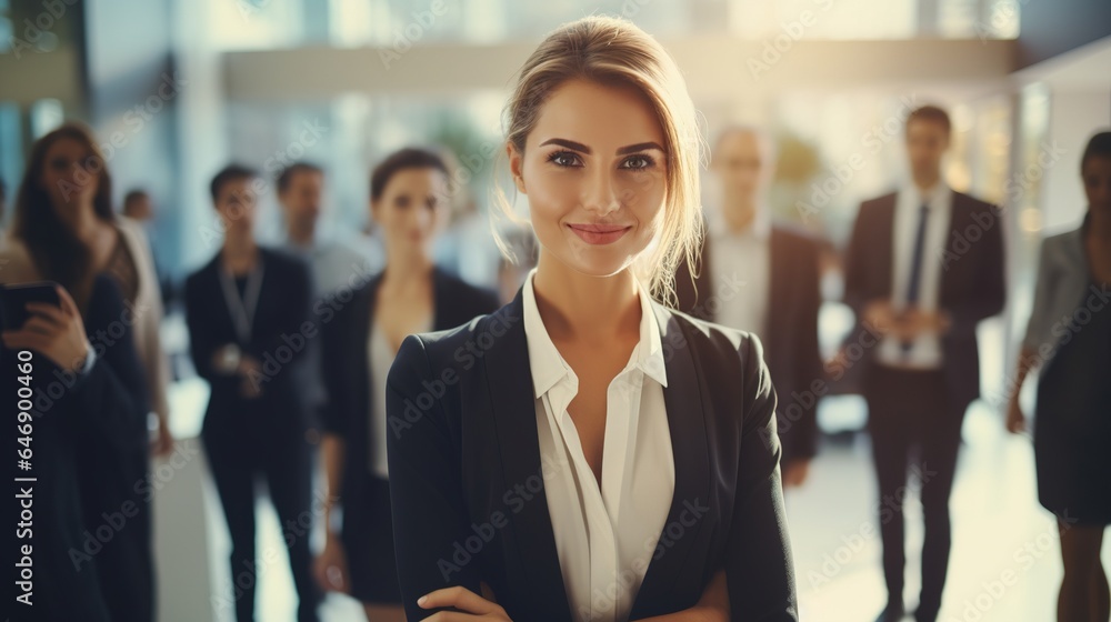 Professional businesswoman with crossed arms standing in front of a team Professional businesswoman with crossed arms standing in front of a team