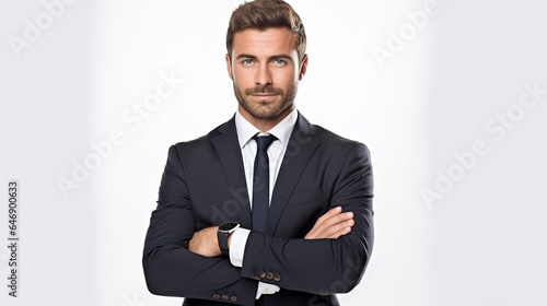 Handsome businessman executive with arms crossed on white background. generative ai