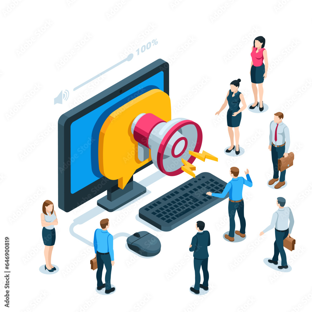 isometric computer with loudspeaker and business people in color on white background, urgent work message or alert