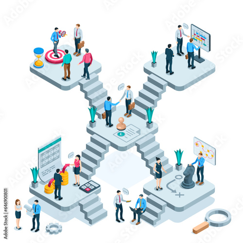 isometric platforms with business people in color on a white background, working in an office towards a common goal or working in a large team