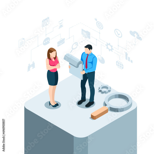 isometric business man studying a document together with a woman near a magnifying glass in color on a white background, working with data or viewing a report