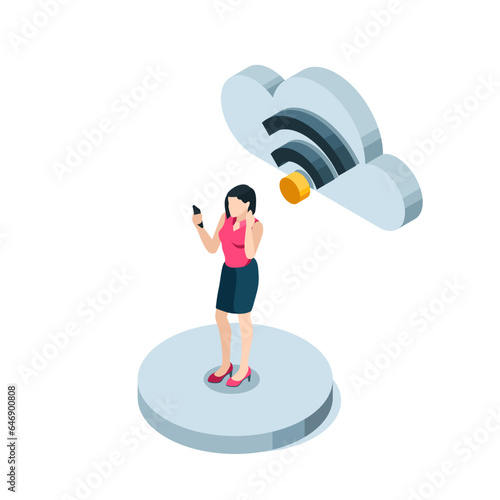 isometric woman with a smartphone stands under a cloud with a wireless connection icon in color on a white background, wireless internet zone
