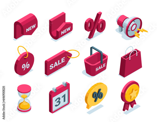isometric set of icons on the theme of sale in color on a white background, a price tag with a shopping cart and a loudspeaker with a percentage, as well as a clock and a calendar