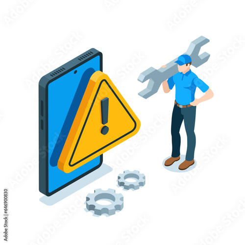isometric man with a wrench near a non-working smartphone in color on a white background, smartphone repairman or equipment service and maintenance