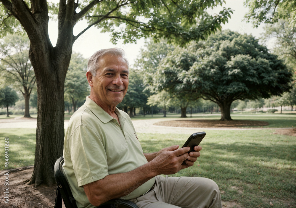 Fototapeta premium senior person using smartphoner in park at summer in hot day