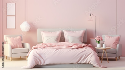 a pastel pink bedroom interior in a home mockup. © Vusal