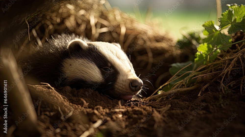 Badger sleeping soundly in its burrow, capturing the essence of hibernation Badger sleeping soundly in its burrow, capturing the essence of hibernation