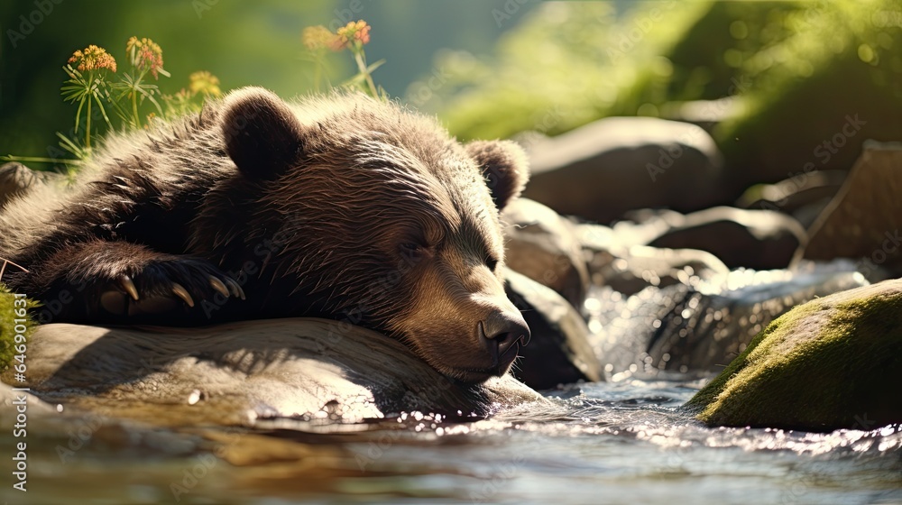 Bear cub dozing beside a freshwater stream, the sound of flowing water adding ambiance