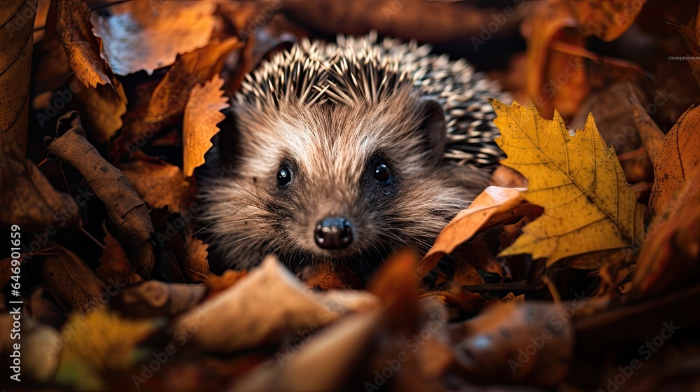 Hedgehog curled up in a bed of fallen leaves, showcasing seasonal adaptation Hedgehog curled up in a bed of fallen leaves, showcasing seasonal adaptation