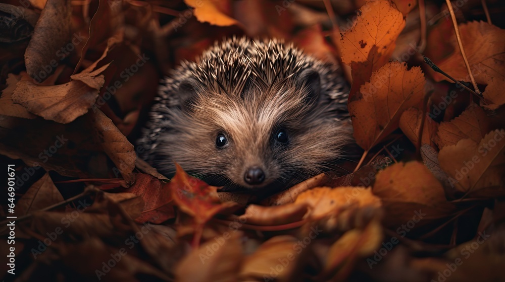 Naklejka premium Hedgehog curled up in a bed of fallen leaves, showcasing seasonal adaptation