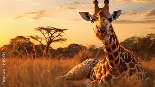 Giraffe lying down in a grassland, with a serene backdrop of the setting sun