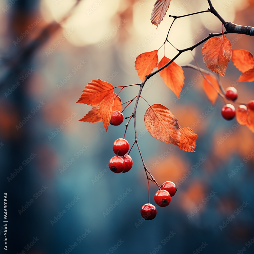 Moody autumnal dry tree leaves with red wild berries on blurred background. Natural and organic october background. Autumn season - obrazy, fototapety, plakaty 