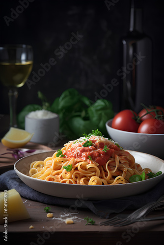 Pasta with tomato sauce on a plate. Italian food.