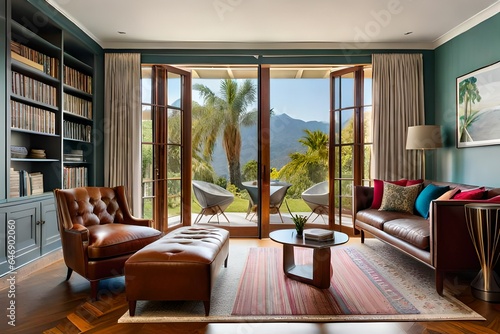 a Classic Bohemian interior with a cozy reading nook, vibrant textiles, and sun-drenched windows overlooking a lush garden