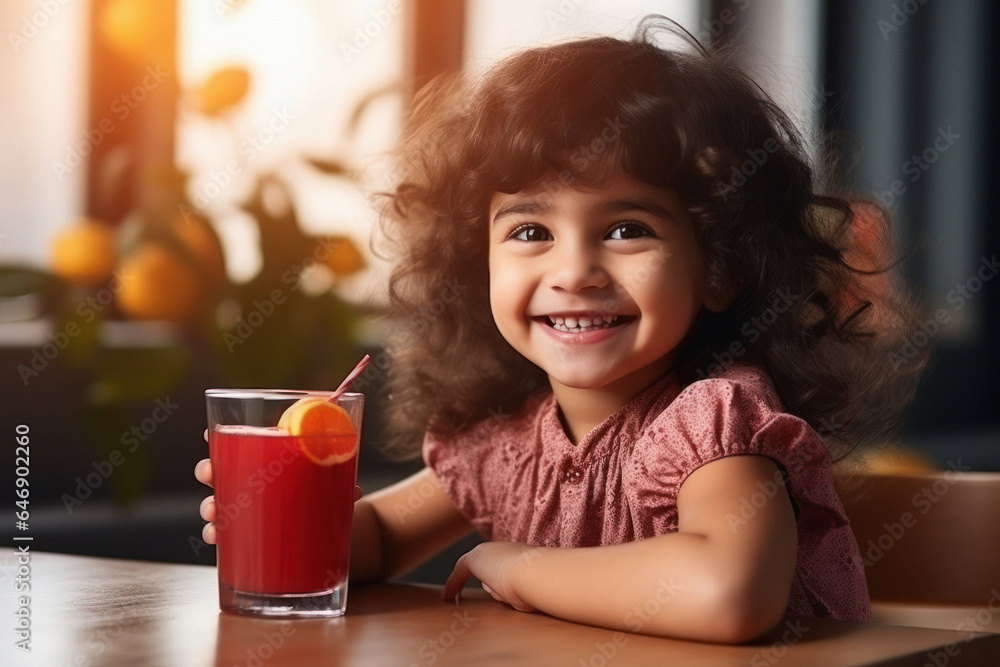 Indian little girl child holding juice glass in hand and smiling