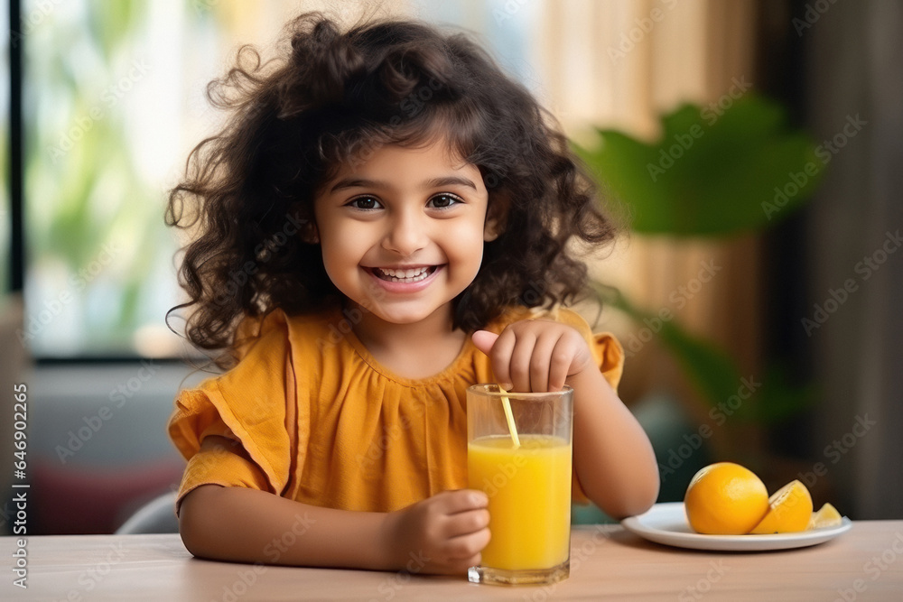Cute indian little girl child holding juice glass and smiling. Cute indian little girl child holding juice glass and smiling.