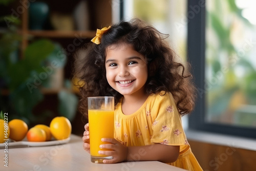 Cute indian little girl child holding juice glass and smiling.