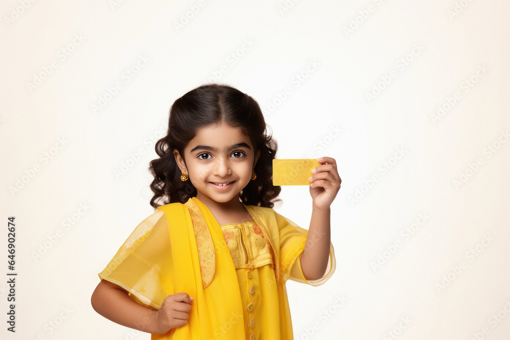 Cute indian little girl child showing card on white background. Cute indian little girl child showing card on white background.