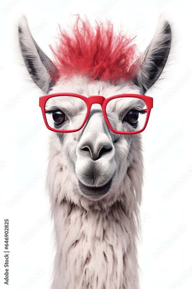 Fototapeta premium Comic Portrait of Funny Llama with Pink Forelock and Glasses