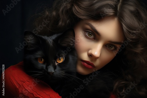 Young Beautiful Girl Hugging Black Cat with Yellow Eyes