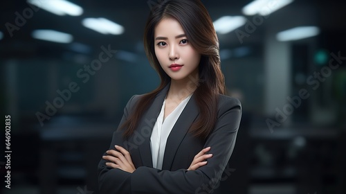 portrait of an asian businesswoman entrepreneur folded arms smiling at the camera on gray background. generative ai